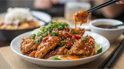 General Tso's Chicken: Crispy, golden-brown chicken pieces coated in a sweet and tangy sauce, served on a plate with a blurred background highlighting the dish.