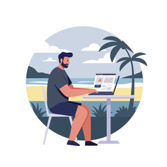 Fototapeta premium Man working on laptop at beach in minimal vector art style