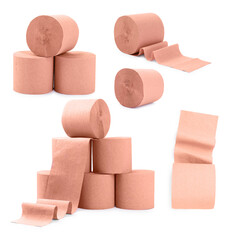 Peach color toilet paper rolls isolated on white, set