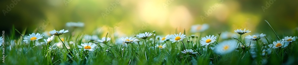 Poster field of white daisies in lush green grass with soft bokeh background summer flowers meadow blooms s