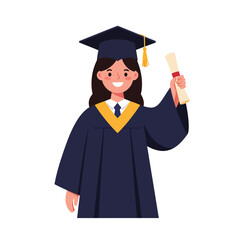 Graduate student holding diploma in cap and gown detailed vector illustration