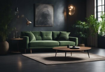 living sofa wall room background modern interior lamp table plants dark green home armchair carpet contemporary floor comfortable bed decoration couch furniture fiddle design empty gold chair house