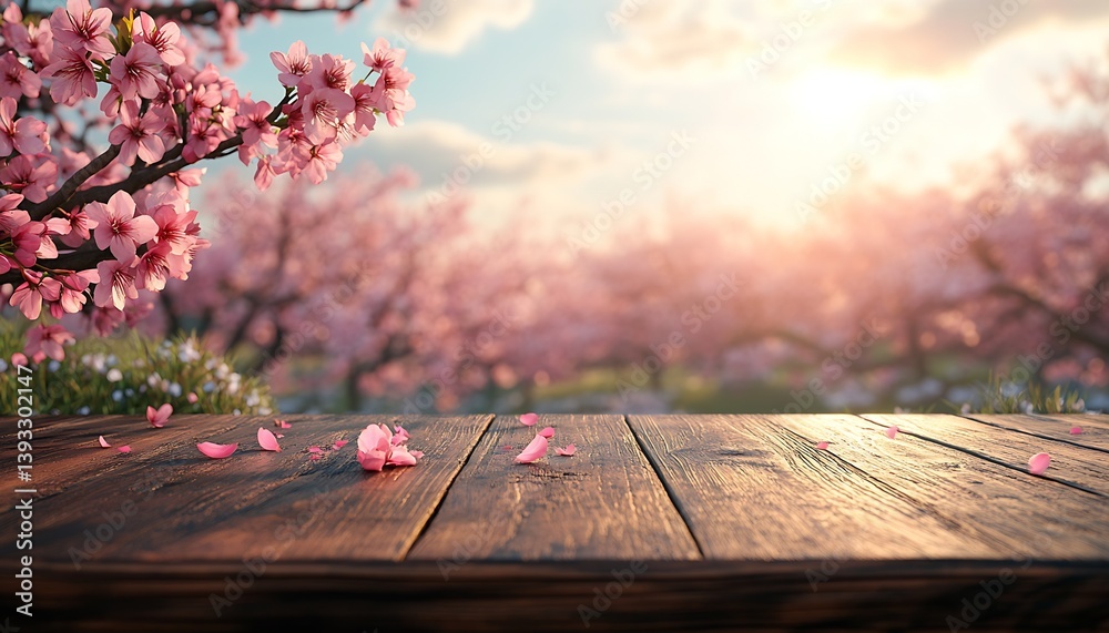 Aufkleber Stunning cherry blossoms scattered on a rustic wooden table illuminated by warm sunlight creating a charming ambiance : Generative AI