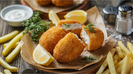 Breaded Croquettes & Fries: Golden-brown croquettes with crispy fries, white sauce, lemon wedges,...