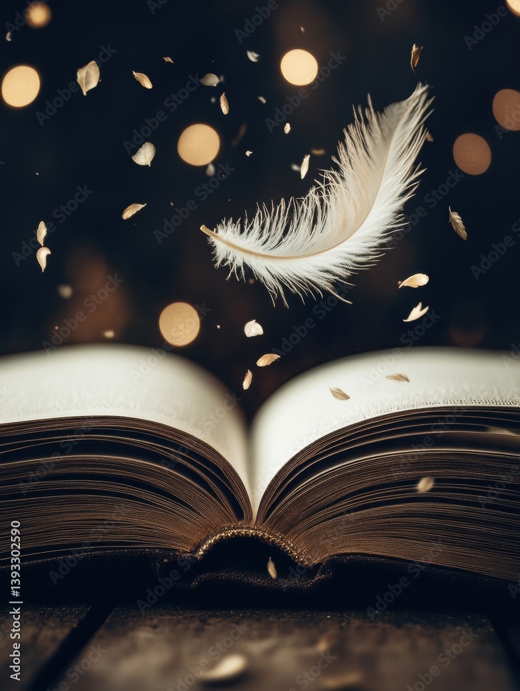 Poster Feather floats gracefully onto open storybook in a dreamy, enchanting atmosphere filled with soft golden lights