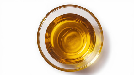 Golden Oil: Clear glass bowl with smooth, shiny golden-yellow liquid, placed on a white surface....