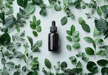 Natural Essential Oil Bottle Surrounded by Fresh Green Leaves for Aromatherapy and Wellness Still Life : Generative AI