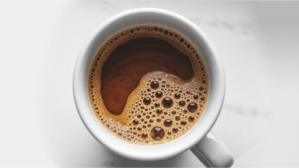 Frothy Coffee: White ceramic cup filled with a rich brown, frothy beverage, showing bubbles and foam on top, placed on a white surface for emphasis.
