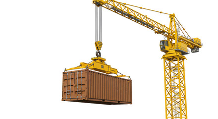 Isolated Yellow Crane Lifting Shipping Container with Cables