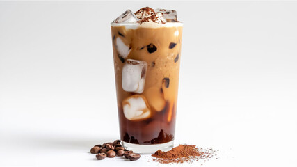 Iced Coffee: Tall glass filled with a brown iced beverage, topped with ice cubes and cocoa powder,...