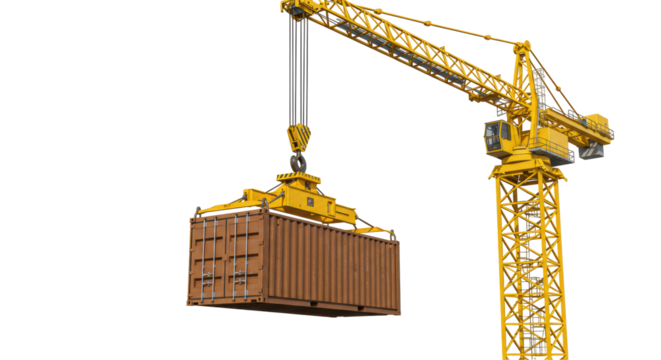 Isolated Yellow Crane Lifting Shipping Container with Cables - Powered by Adobe