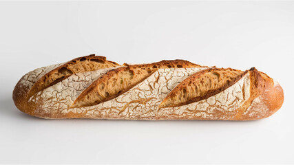 Baguette: Golden-brown crusted loaf with a crispy exterior and soft, fluffy interior, placed against a white background to highlight its texture and color.