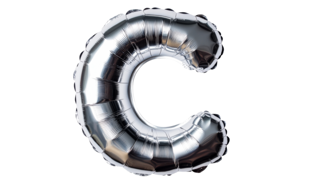 Silver foil balloon letter C, shiny metallic alphabet, cut out transparent