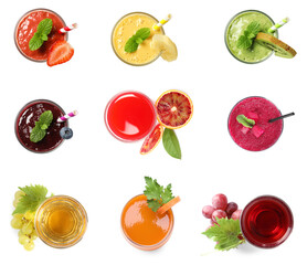 Set of different drinks in glasses isolated on white, top view