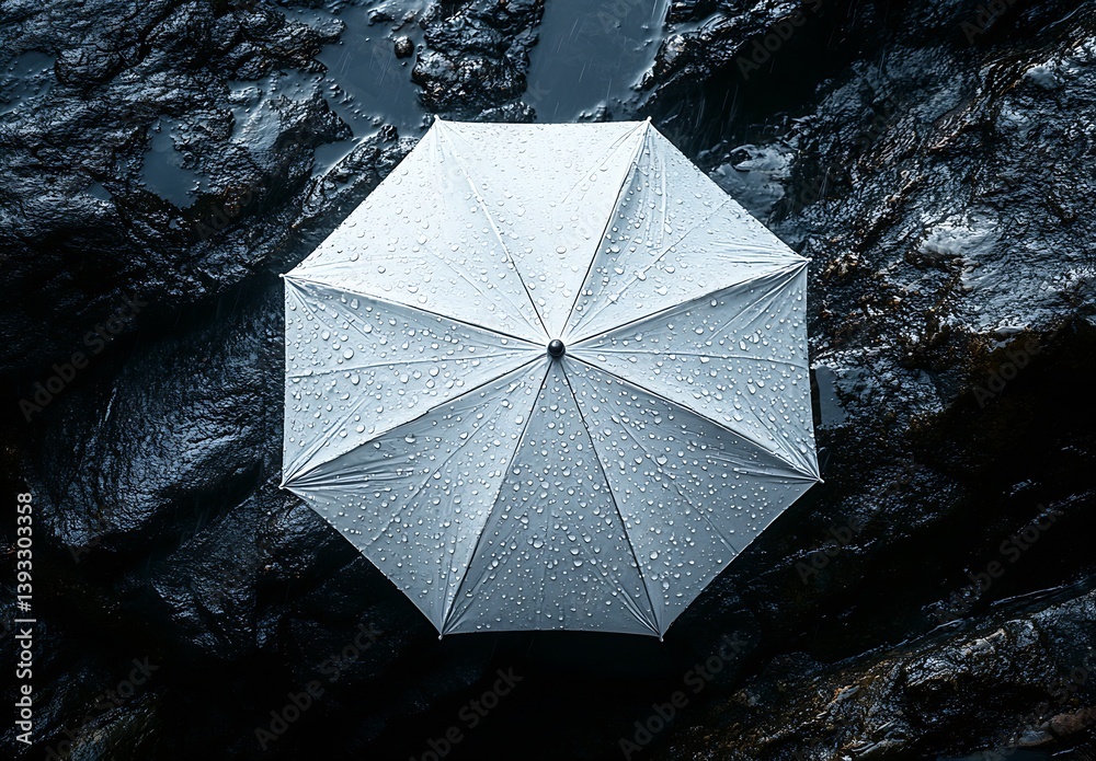 Poster stunning shot of a white umbrella resting on dark rocks with refreshing raindrops glistening on its 