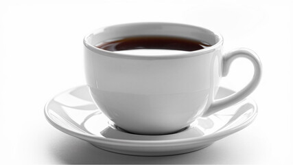 Coffee Cup: A white ceramic cup filled with dark liquid, placed on a matching saucer, creating a simple, clean aesthetic against a flat surface.
