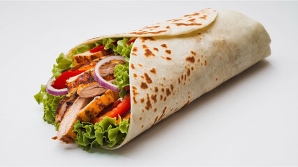 Chicken Wrap: A delicious wrap with grilled chicken, lettuce, red bell peppers, and purple onions in a charred flatbread, presented diagonally on a white background.