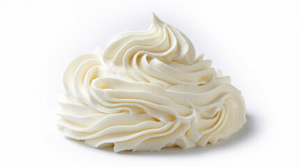 Whipped Cream Dollop: A smooth, velvety swirl of creamy white whipped cream or frosting, set against a plain white background, showcasing its soft texture and elegant peaks.