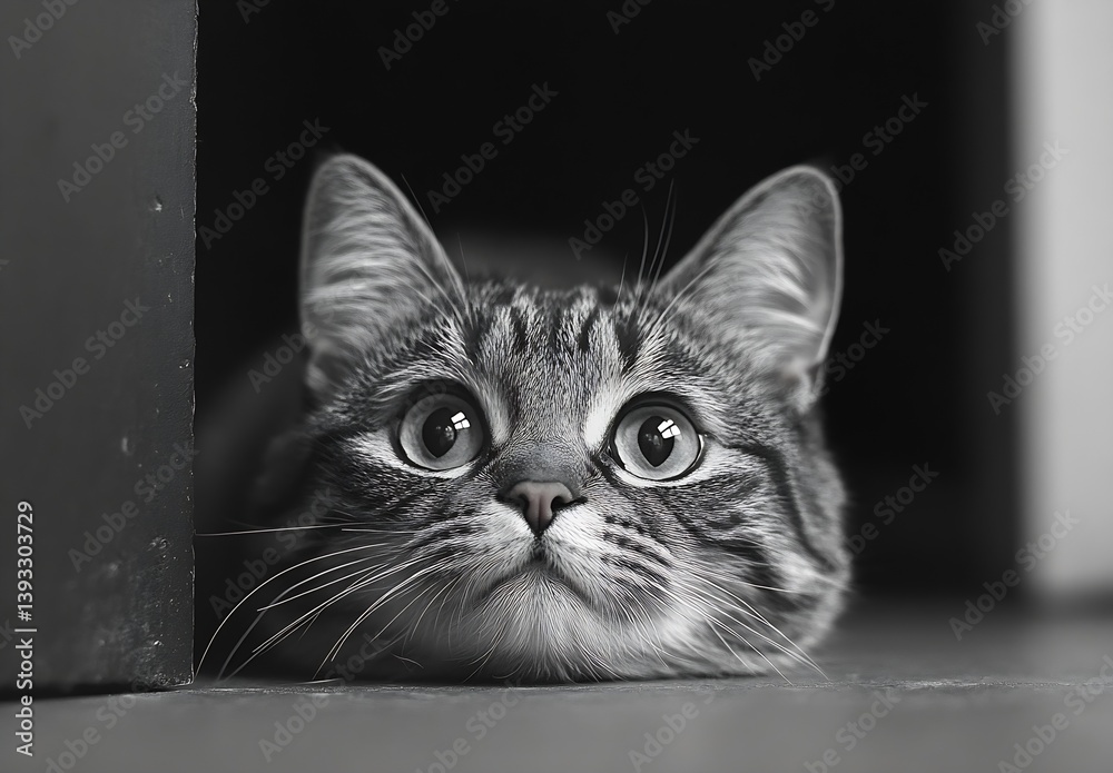 Poster cute tabby cat portrait in black and white feline focus with striking eyes and curious expression : 