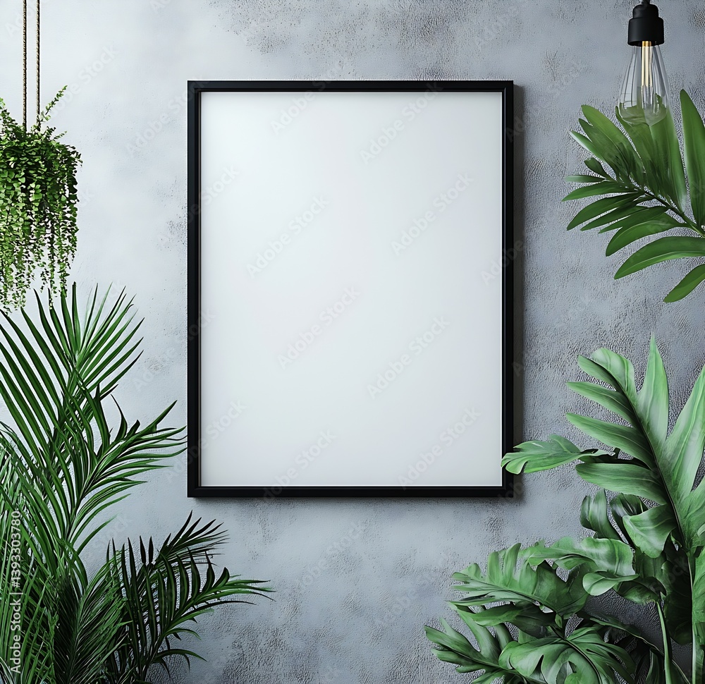 Poster blank frame mockup on concrete wall with tropical plants for art display and interior design present