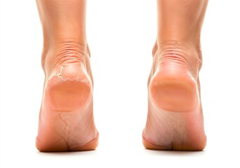 Comparison of cracked and smooth heels on adult Caucasian female feet from behind, showing dry skin and healthy skin on a white background