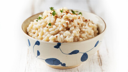 Rice Pudding ? A bowl filled with creamy, white rice pudding, showcasing its soft and grainy texture, placed on a white surface for emphasis.