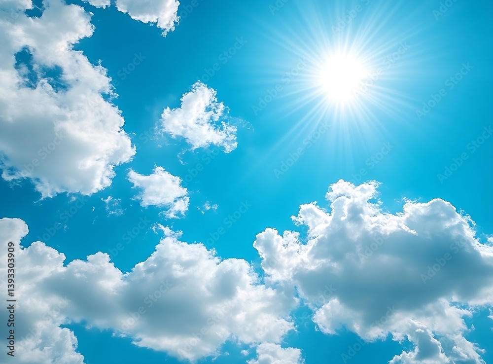 Aufkleber Luminous Sunburst in a Clear Sky Surrounded by Fluffy White Clouds Creating a Dreamy Atmosphere : Generative AI