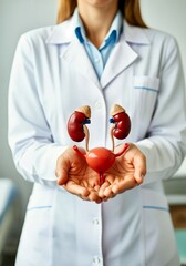Female doctor holding anatomical model of human urinary system including kidneys and bladder