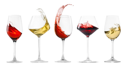 Different types of wine splashing in glasses on white background, set