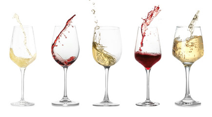 Different types of wine splashing in glasses on white background, set