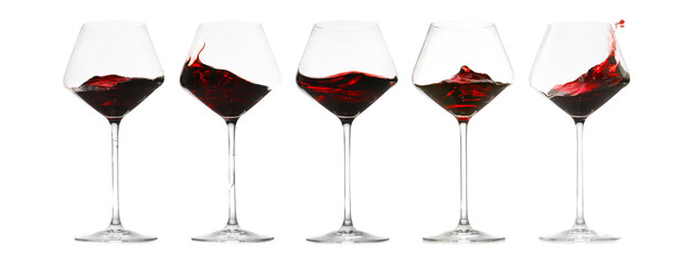 Red wine splashing in glasses on white background, set