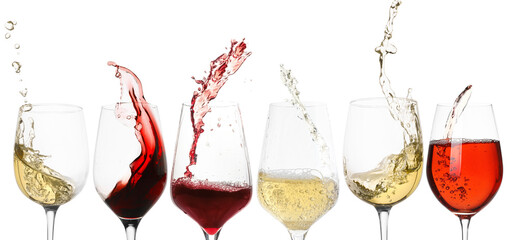 Different types of wine splashing in glasses on white background, set