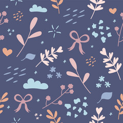 Abstract minimalistic pattern in pastel colors, spring pattern with cute flowers and leaves, Vector illustration in flat style.