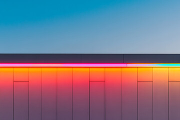 Abstract architectural detail with illuminated panels, vibrant colors, and modern design against a clear blue sky.