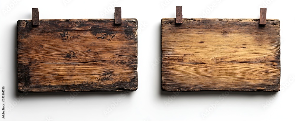 Aufkleber rustic wooden signboards hanging with clothespins on white background ideal for mockups or creative 