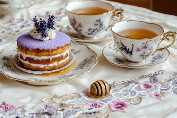 Enchanting Mother's Day tea party with a lavender and honey cake and elegant tea cups set on a floral embroidered tablecloth.