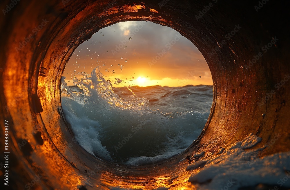 Aufkleber ocean wave breaking at sunset view from inside a pipe dramatic seascape nature power through the loo