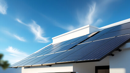 Fototapeta premium solar panels on modern house rooftop, blue sky, clean energy concept, photorealistic