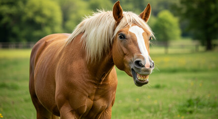 Naklejka premium Happy Chestnut Horse in Pasture - A cheerful chestnut horse with a blonde mane smiles playfully in a lush green pasture. Symbolizing joy, freedom, nature, serenity, and rural life