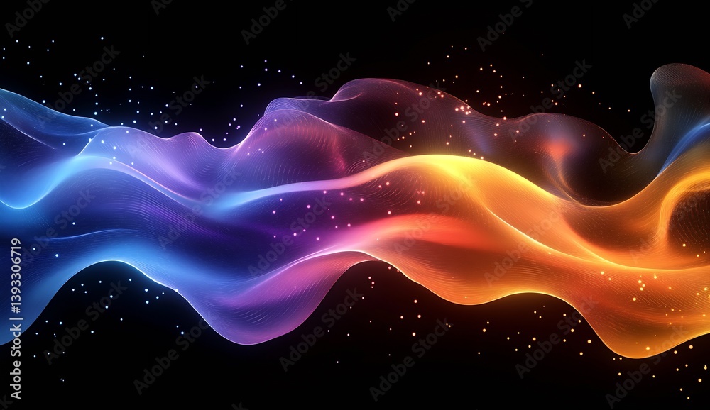 Leinwandbilder Dynamic waves of light and color interact beautifully in this captivating abstract digital artwork set against a black canvas : Generative AI