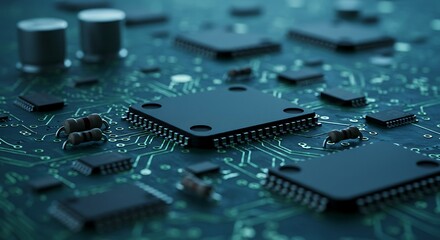 Examining Computer Circuit Board with Chips and Resistors Technology Concept