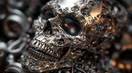 Close-up of a metallic skull amidst intricate metalwork, showcasing detailed textures and patterns.
