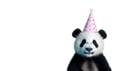 Panda cub with a birthday hat poses for a photo, cut out transparent