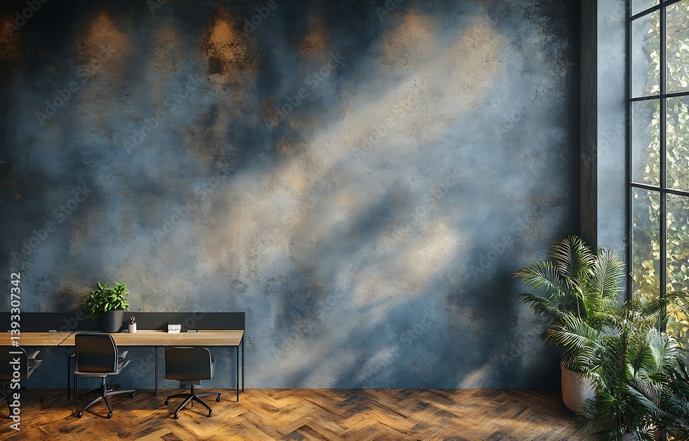 Aufkleber rustic office interior with large window green plants and vintage style furniture empty workspace mo