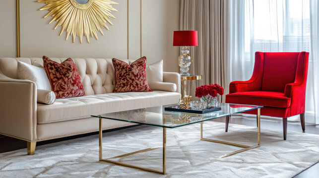 A stylish living room showcases a cream sofa adorned with red patterned cushions, a glass coffee table, and a bold red armchair. Natural light fills the space through large windows