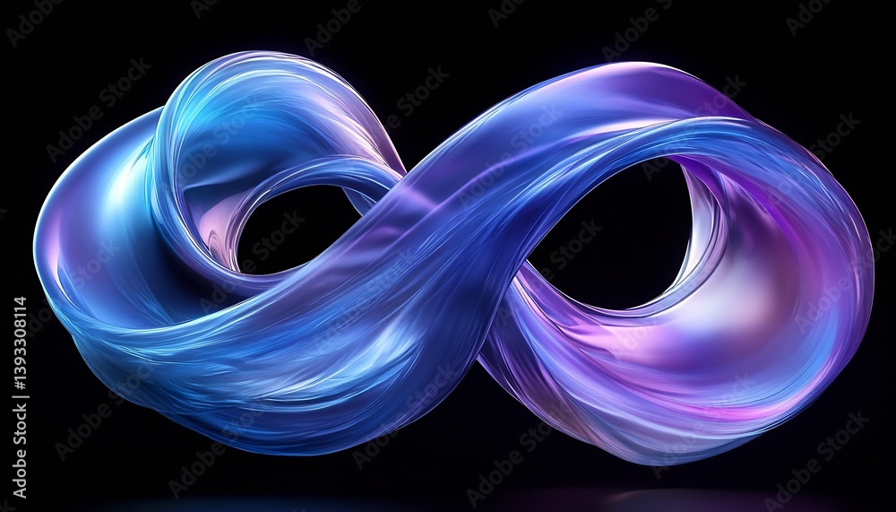 Poster elegant flowing ribbons of blue and pink colors forming an infinite symbol against a dark background