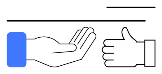 Outstretched open hand beside thumbs-up conveys teamwork, support, approval, or trust. Ideal for collaboration, help, gratitude, communication encouragement positivity charity. Flat simple