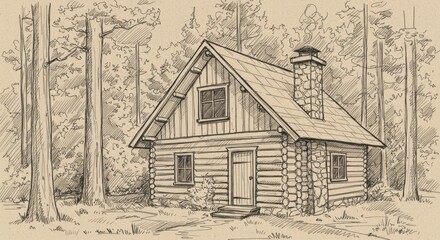 Cozy Wooden Cabin in the Forest: Hand-Drawn Architectural Sketch