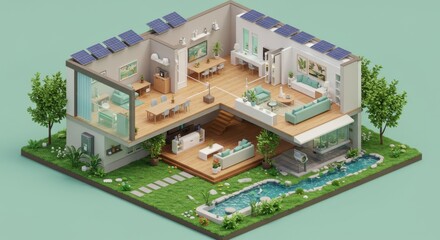 Isometric Cutaway of Futuristic Smart Home Interior