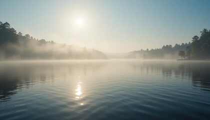 Obraz premium Tranquil morning reflection on misty lake serene nature landscape photography peaceful outdoor environment calm water viewpoint
